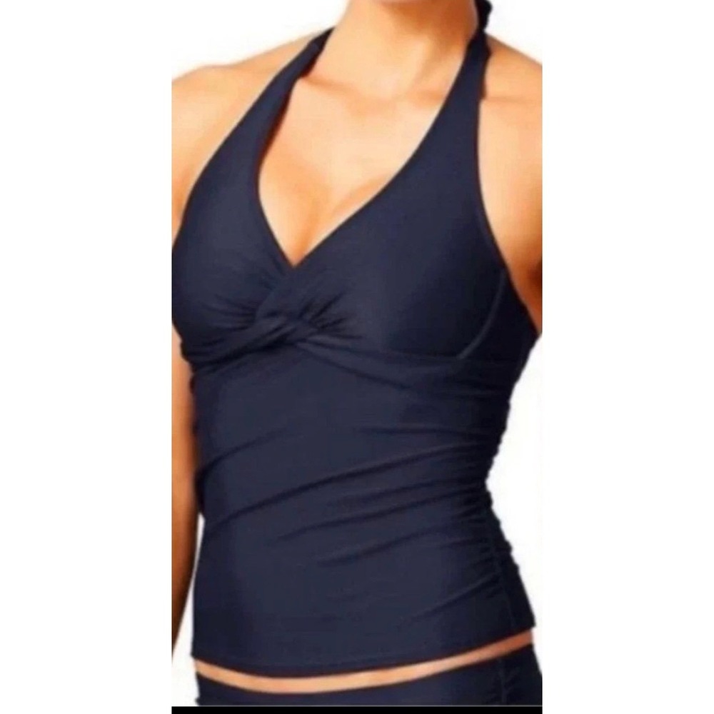 Athleta Tara Halter Tankini Top Women 34 B/C Tall Navy Blue Twist Front Swimwear